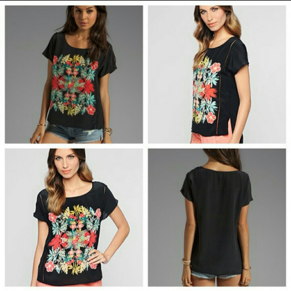 Ella Moss Tropadelic Shirt 100% Silk Black Blouse